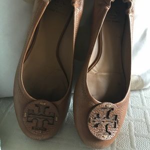 Tory Burch Reva Tumbled Royal Tan Flats Brown 8 M